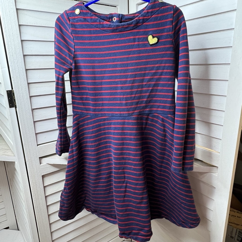 OshKosh‎ B'gosh Girls Dress 5T Navy Red Stripe Long Sleeve Heart Patch